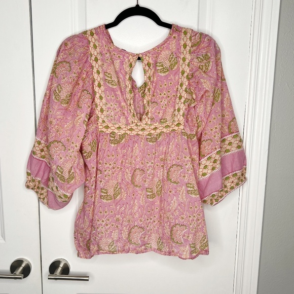 Cleobella Amaryllis Pink  Boho Blouse Top Tassel V Neck Print size Large - Picture 7 of 10